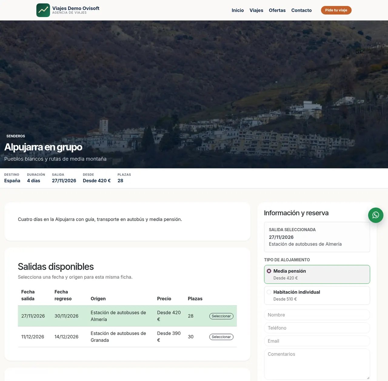 Ficha de un viaje con salidas disponibles, plazas y formulario de solicitud (agencia de demostración)