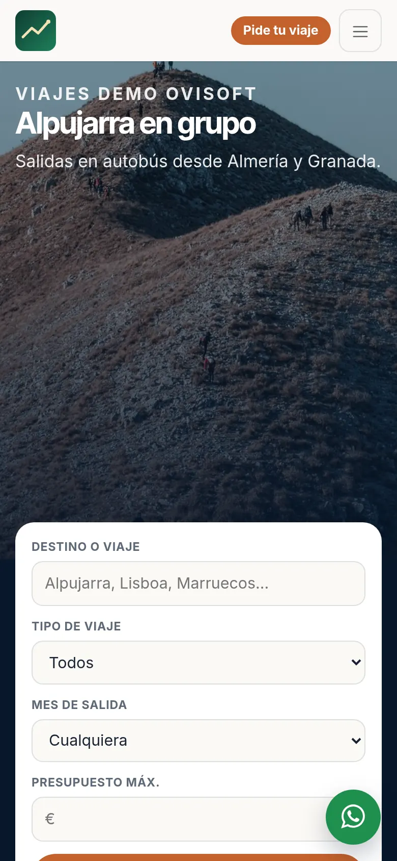Web de la agencia de viajes vista en el móvil (agencia de demostración)