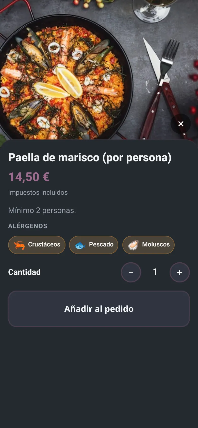 Ficha de plato con los alérgenos en el autopedido (restaurante de demostración)