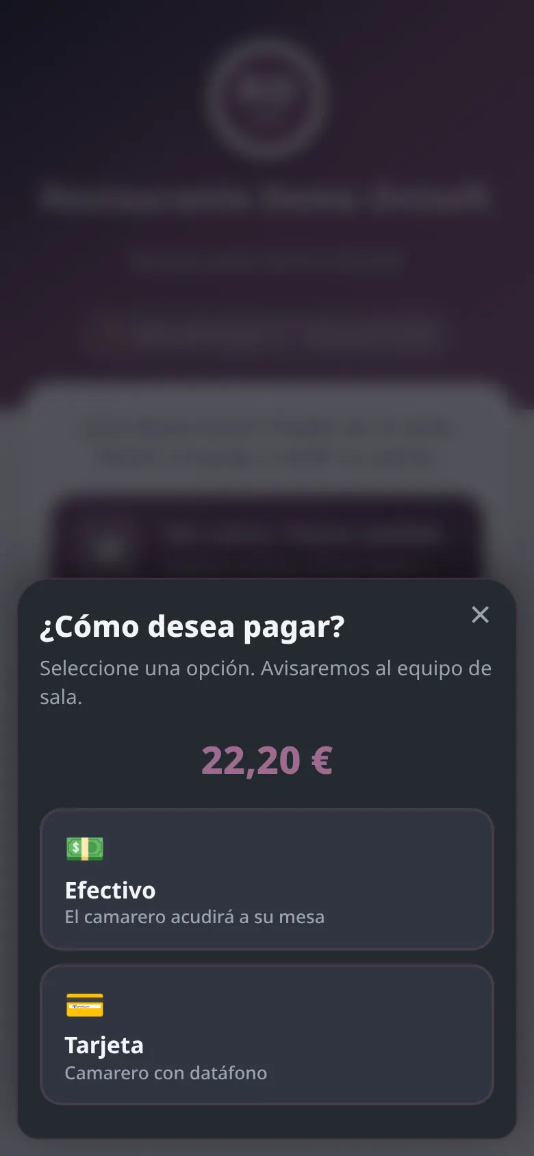 Pantalla para elegir cómo pagar al pedir la cuenta en el autopedido (restaurante de demostración)