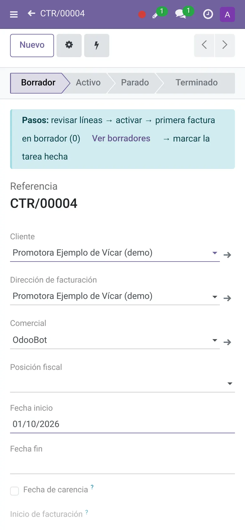 Contrato de Ovisoft Sign visto desde el móvil (datos de demostración)