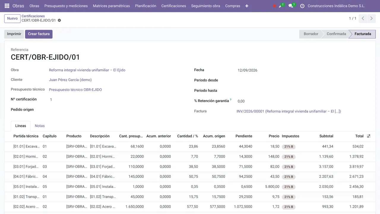 Certificación de obra en Odoo lista para convertir en factura (datos de demostración)