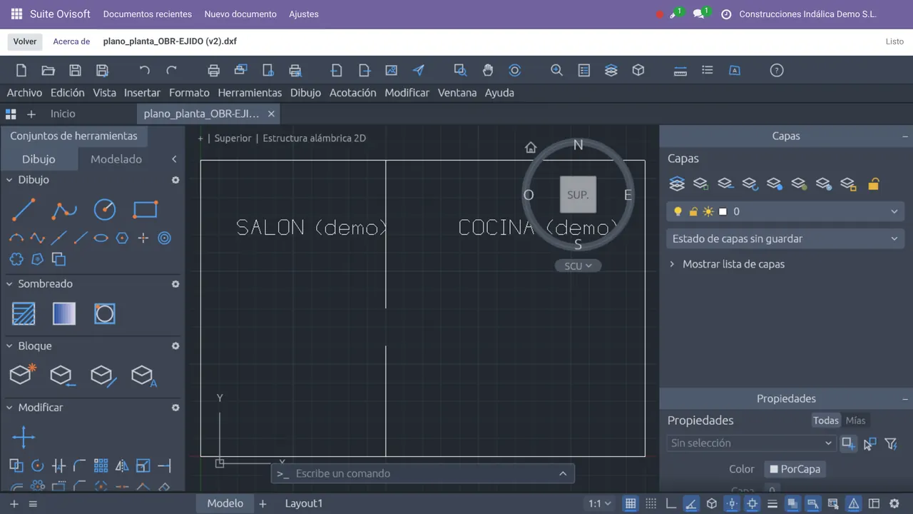 Plano DXF abierto en el editor CAD de la Suite Ovisoft dentro de Odoo (datos de demostración)
