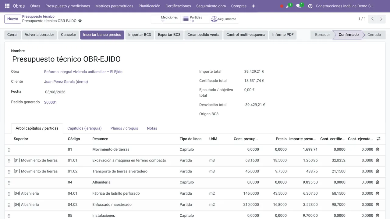 Presupuesto técnico de obra en Odoo con árbol de capítulos y partidas y botones para importar y exportar BC3 (datos de demostración)