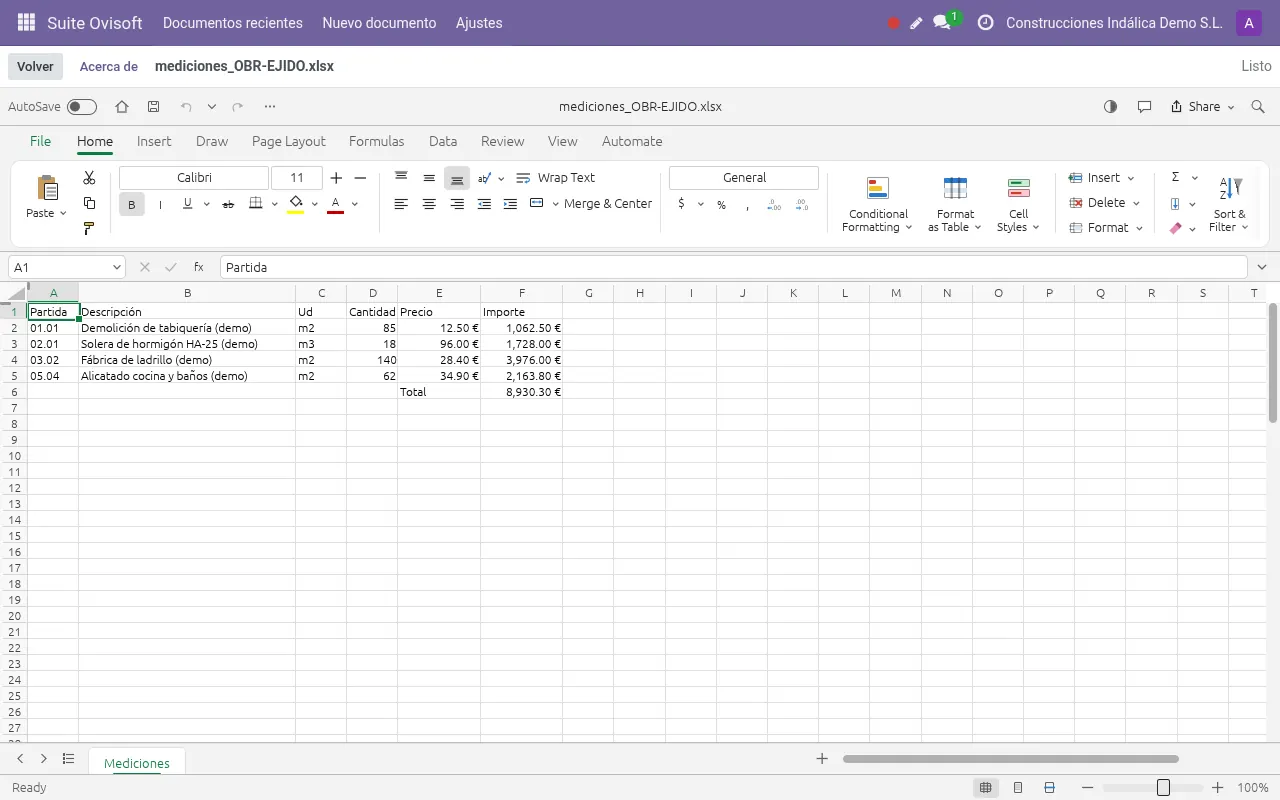 Hoja de cálculo abierta en la Suite Ovisoft dentro de Odoo (datos de demostración)