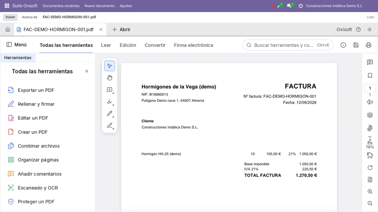 Editor de PDF de la Suite Ovisoft abierto dentro de Odoo (datos de demostración)