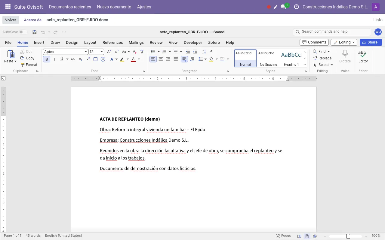 Documento de texto abierto en la Suite Ovisoft dentro de Odoo (datos de demostración)